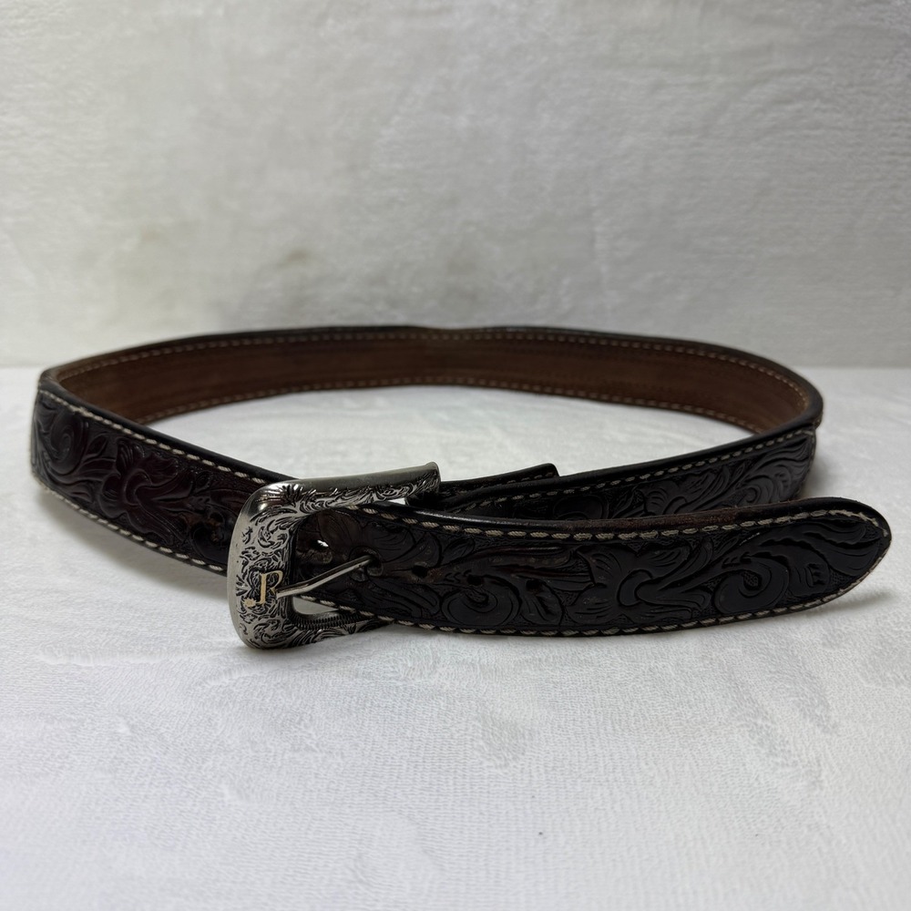 Twisted X Mens Brown Tooled Leather Beaded Western Belt Blue Turquoise Size 32 *